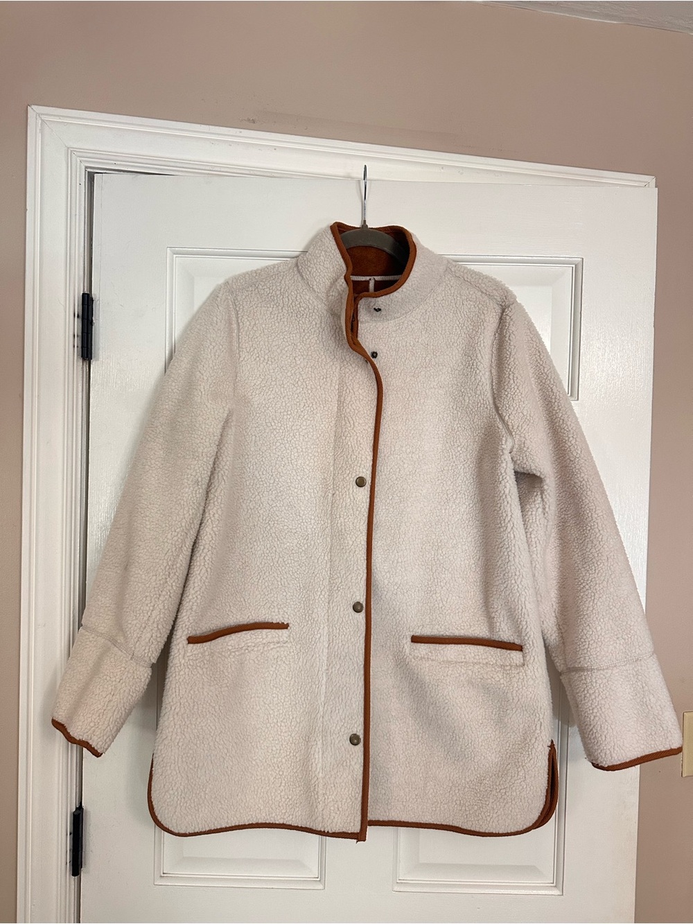 Old Navy Cream Sherpa Coat with Brown Trim - Picture 2 of 6